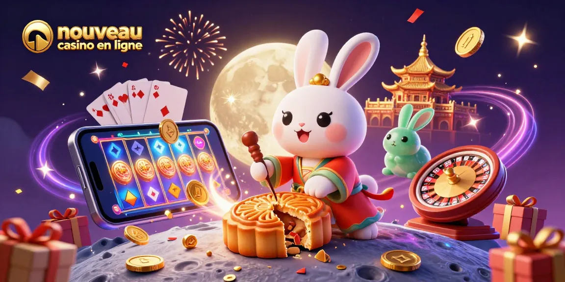 Illustration captivante d'un nouveau casino en ligne avec un lapin de lune et des jeux excitants autour.