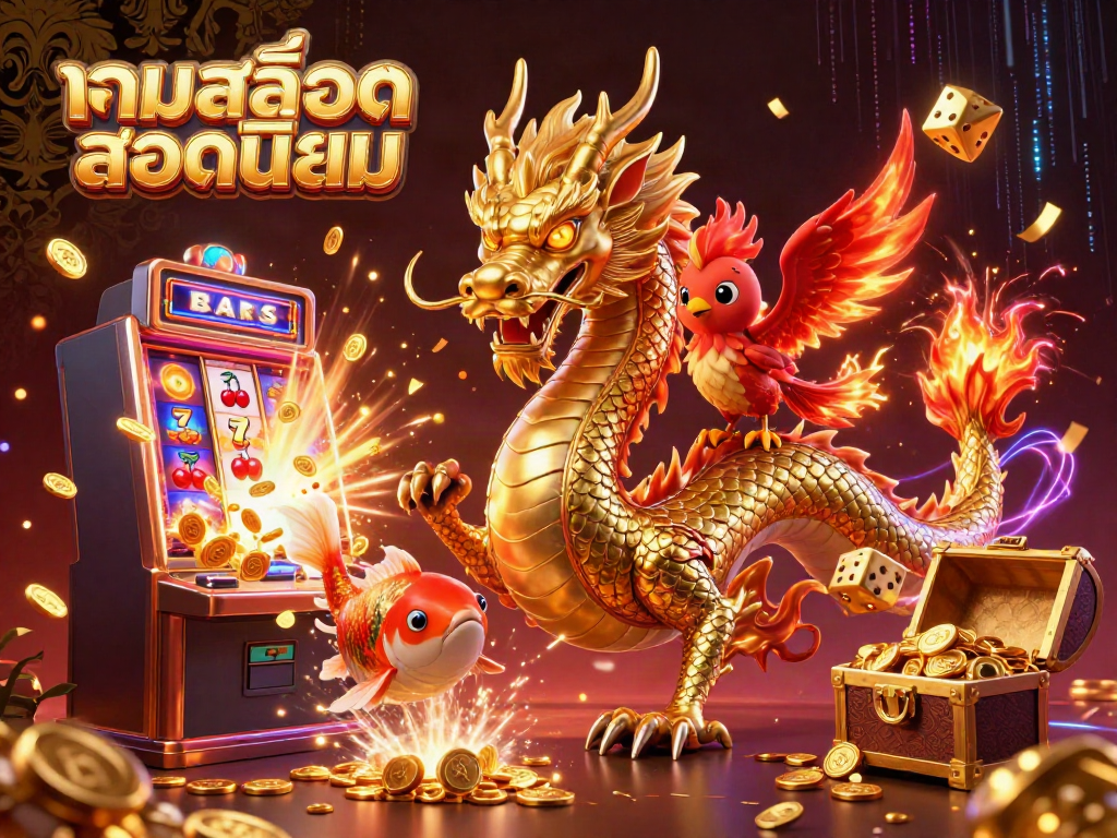 Engage in the world of เกมสล็อตยอดนิยม with a dynamic scene featuring a golden dragon, phoenix, and koi amidst a jackpot explosion.