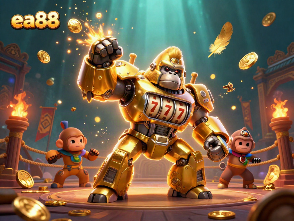 Khám phá ea88 trong bối cảnh cá cược hoành tráng với mech gorilla và biểu tượng chiến thắng.