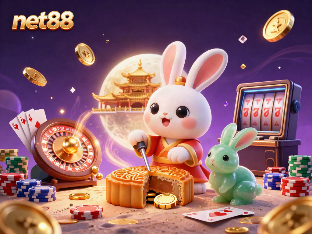 Experience the thrill of net88 with a festive moon rabbit surrounded by casino elements.