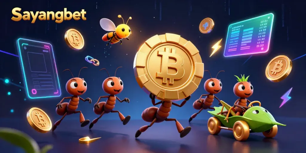 Engage with exciting gameplay at Sayangbet, featuring a dynamic scene with cartoon ants, a poker chip, and crypto elements.