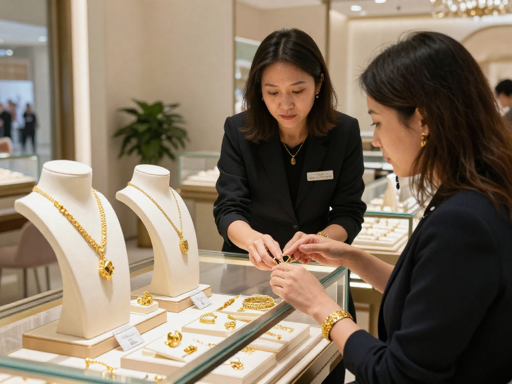 Explore the luxurious gold jewelry collection at mantra88, featuring stunning pieces in an upscale retail setting.