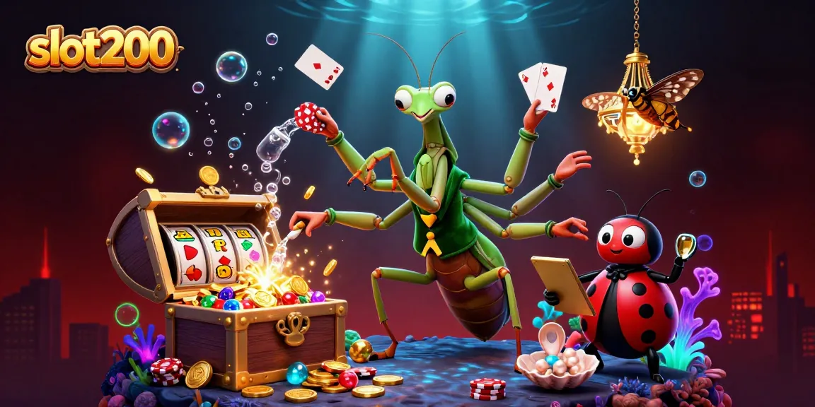 Experience excitement at slot200 with a lively 3D illustration of a mantis dealer, vibrant gaming elements, and a charming pit boss.
