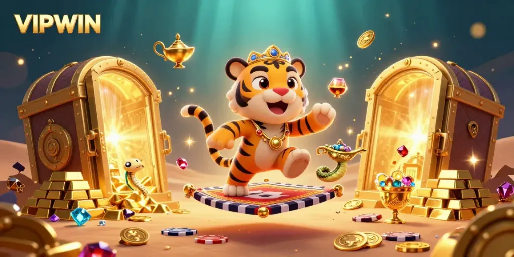 Experience VIPWIN's enchanting casino world with a dynamic tiger sultan on a treasure-filled journey.