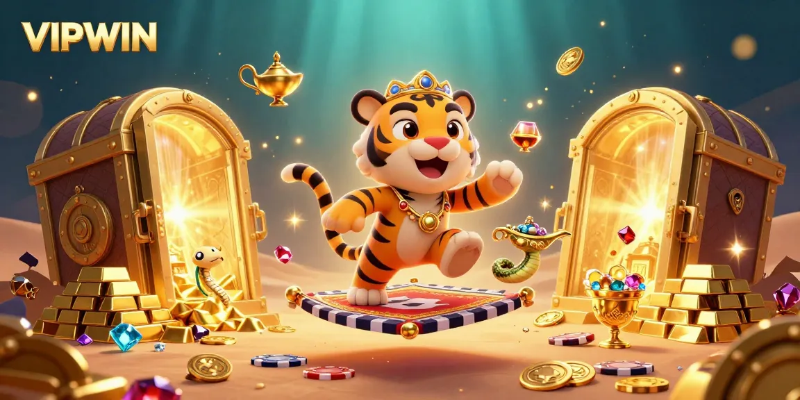 Experience VIPWIN's enchanting casino world with a dynamic tiger sultan on a treasure-filled journey.