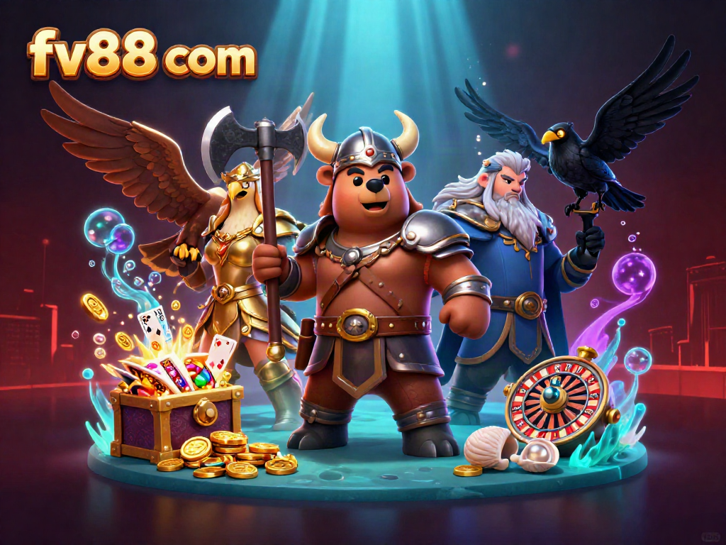 Experience the thrill of fv88 com with dynamic casino elements, featuring a Viking bear, Valkyrie eagle, and bright game visuals.