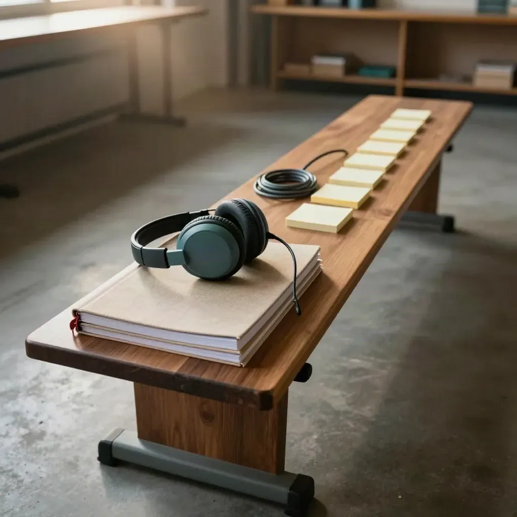 Training bench with notebooks, headset, cable and tabs in warm cinematic light.