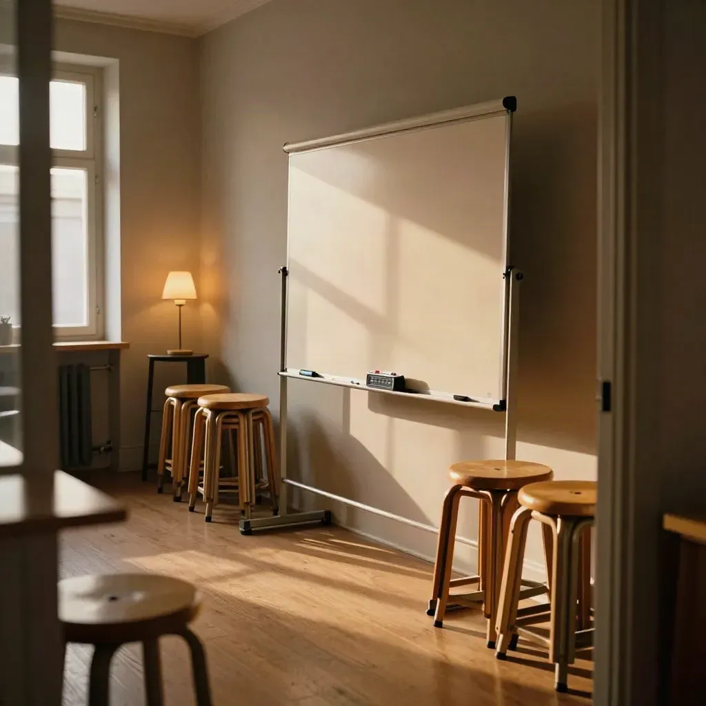 Ready workshop room with flipchart, timer and stacked stools in warm late-afternoon light.