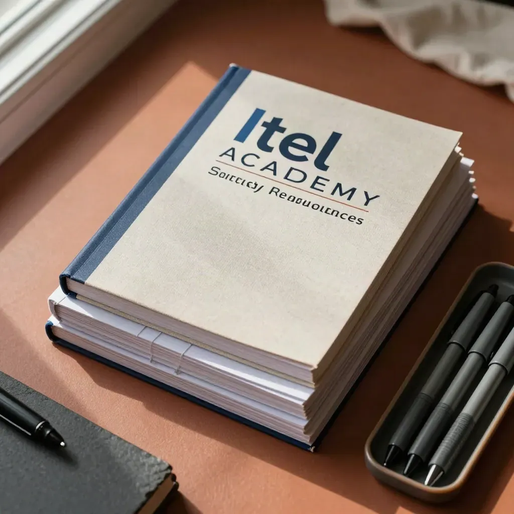 Top-down stack of study guides, flash cards, tabbed notebooks, and pens on warm terracotta.
