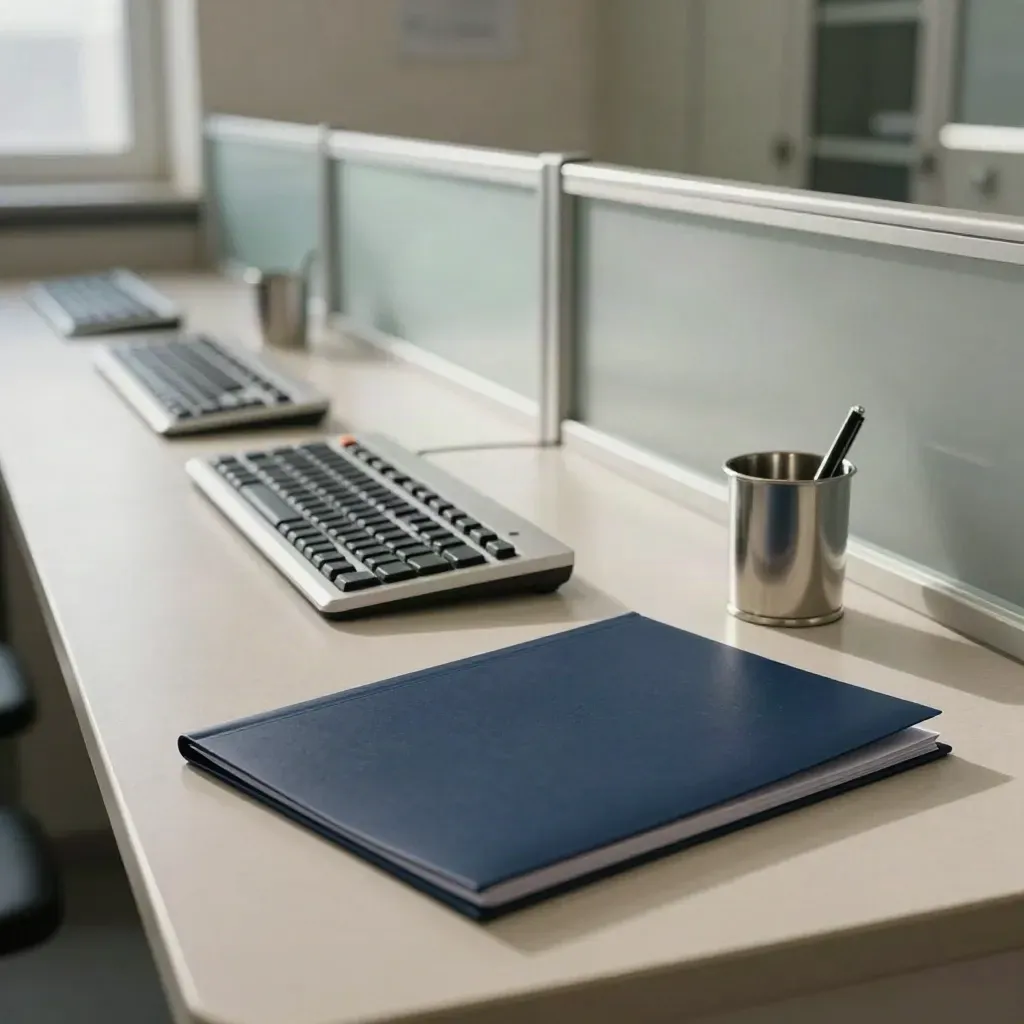 Empty clinic admin counter with five keyboards, sealed training folder and stainless pen cup