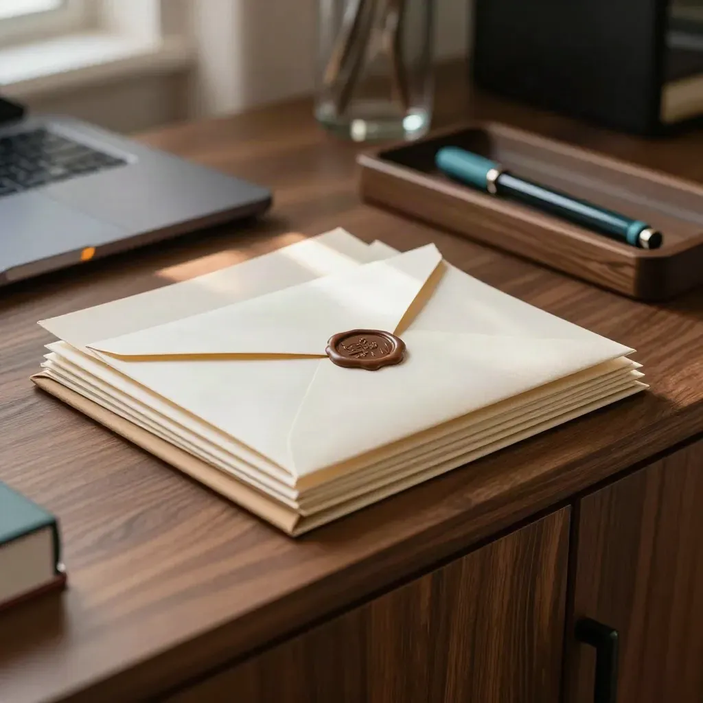 Close-up of sealed envelopes, portfolio sleeve, closed laptop and pen tray in warm afternoon light.