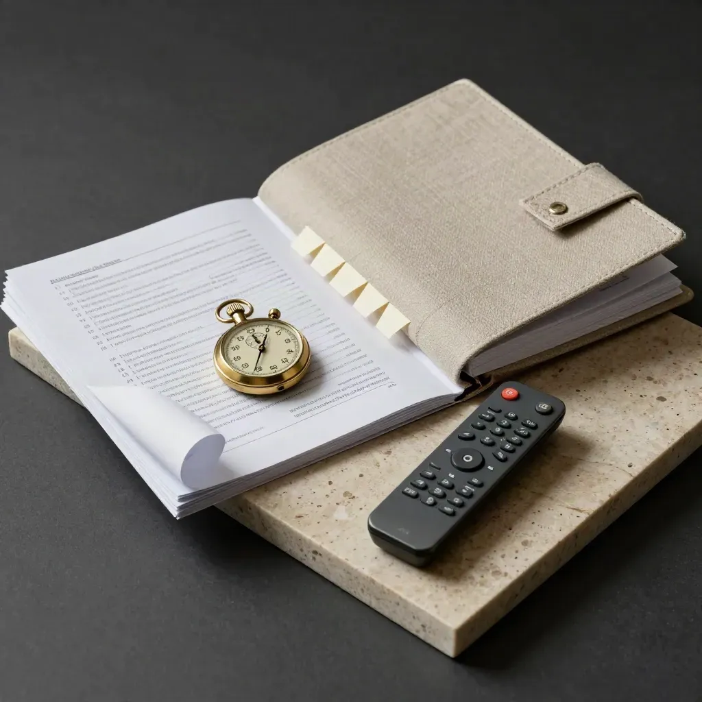 Overhead study kit with stopwatch, divider tabs, binder, and remote on travertine.
