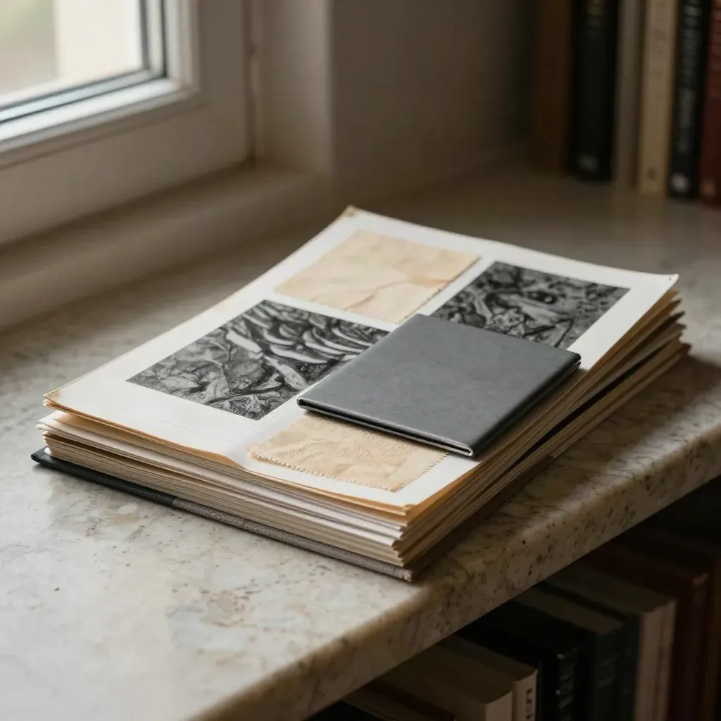 Portfolio boards, closed tablet and swatches on a matte sleeve in a moody academy studio.