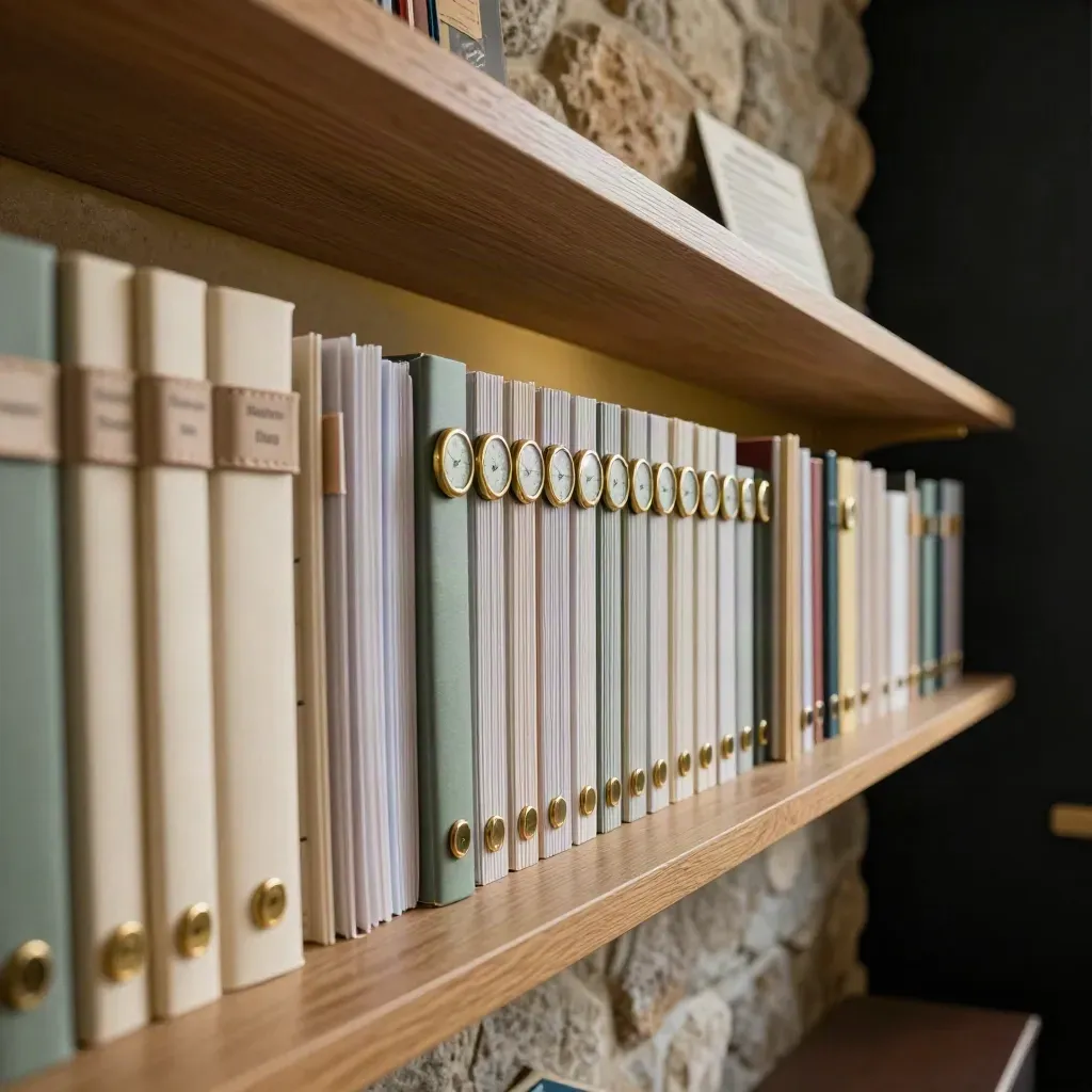 Moody academy shelf of planners and study timers, lit by a gold beam through soft haze.