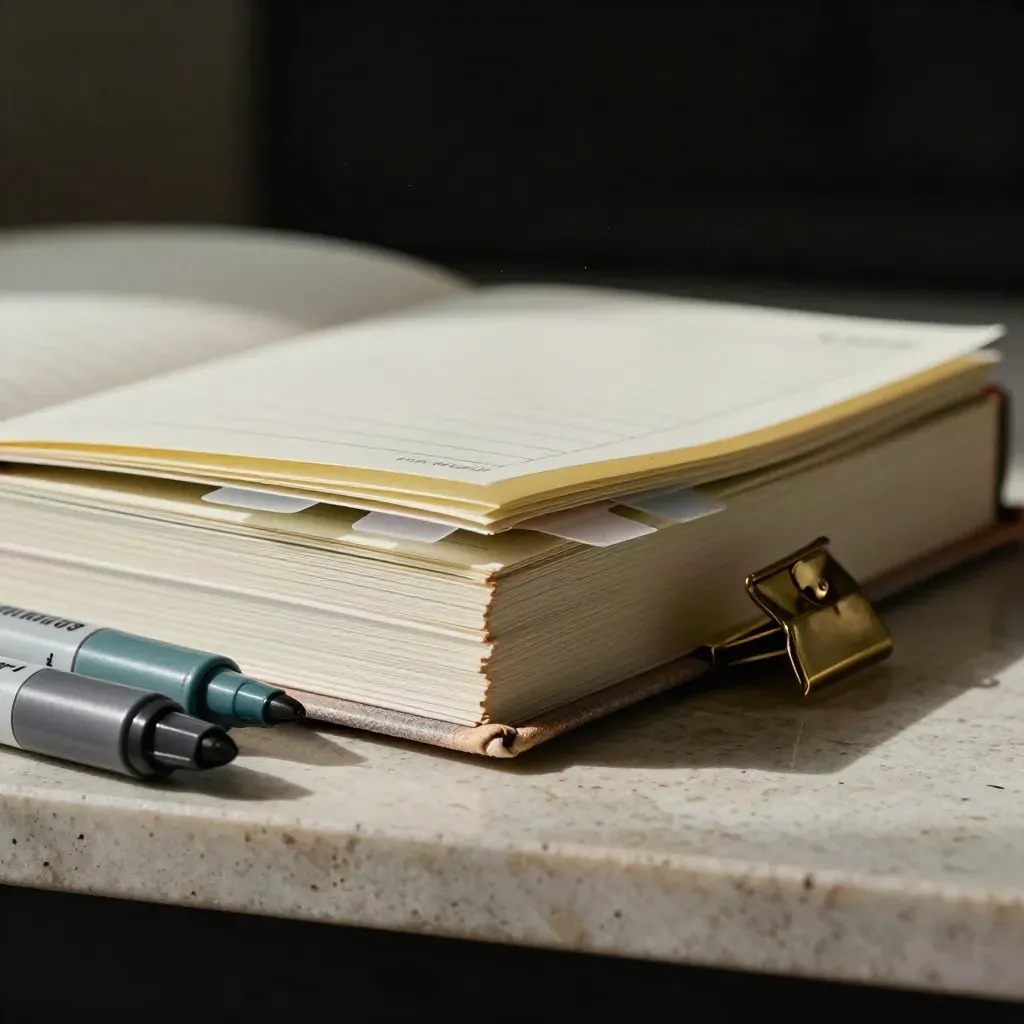 Macro of lesson planners, fine-tip markers, brass clip and color tabs on travertine, rim-lit in teal.