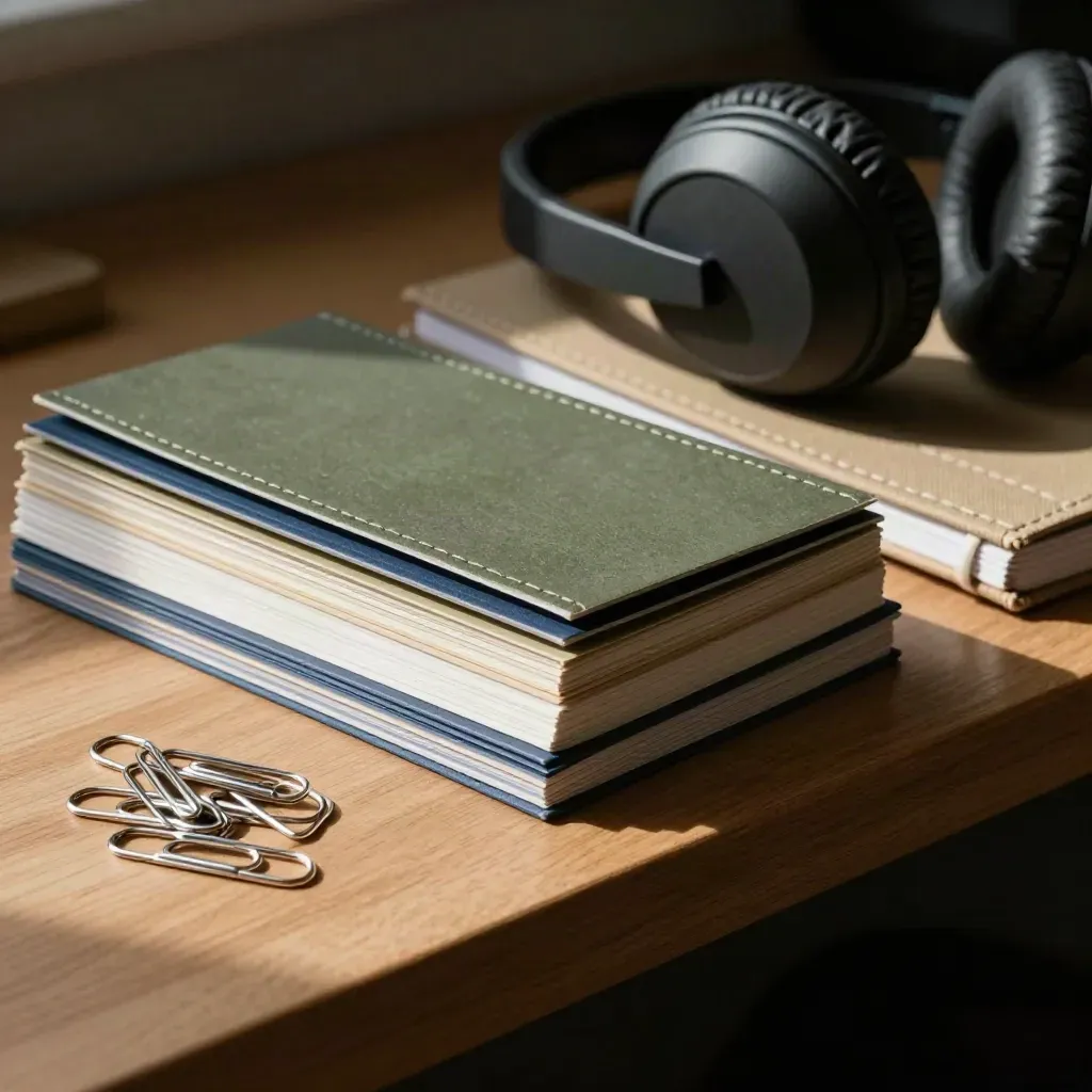 Close-up of tabs, headset pad, notebook spine and paper clips on a learner support shelf.