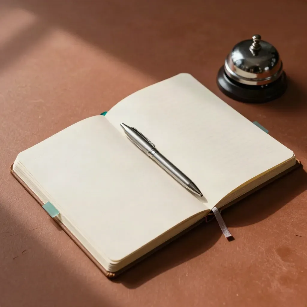 Top-down still life of notebooks, teal tabs, a metal pen and desk bell on terracotta clay.