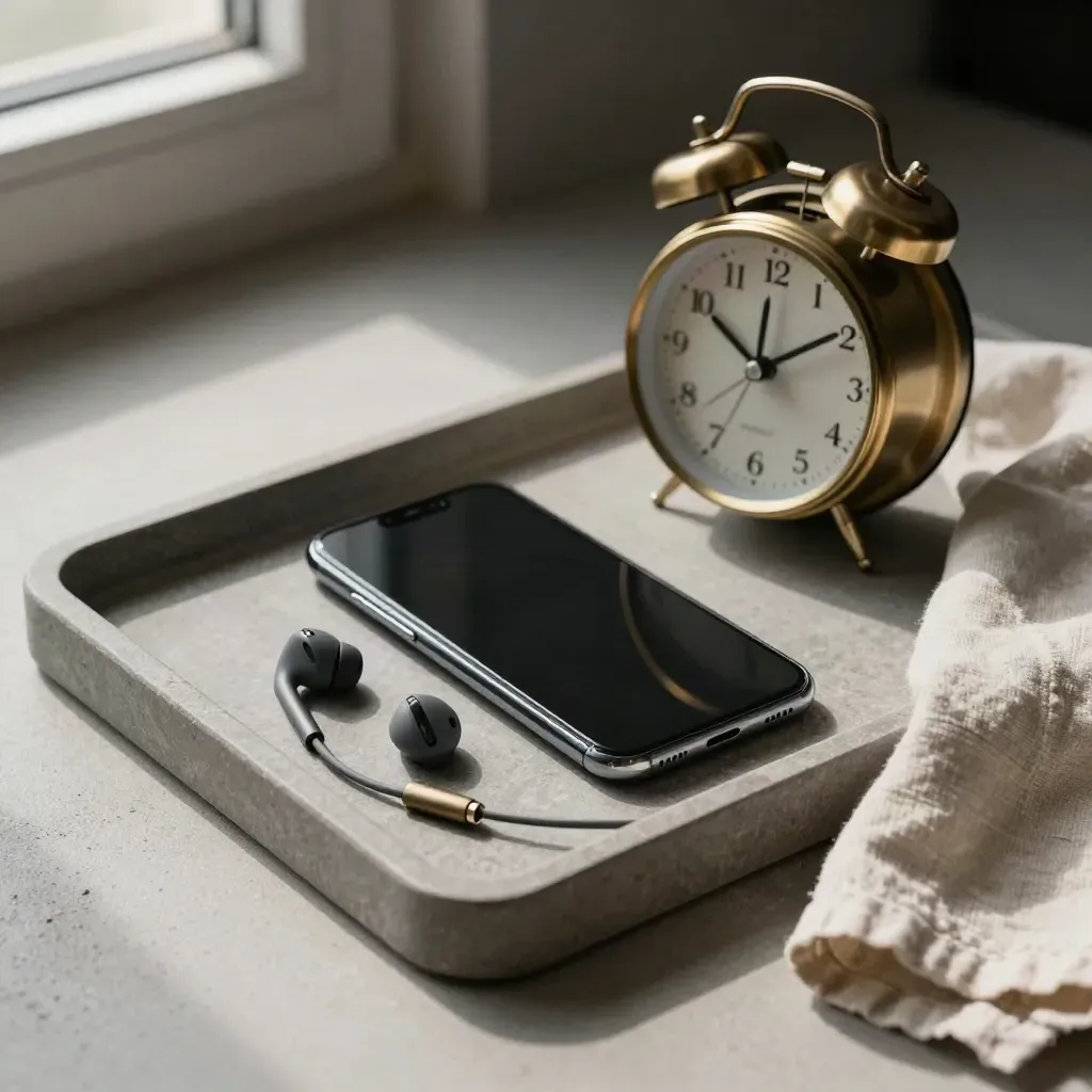 Stone-tray still life with face-down phone, earbuds, cable and alarm clock beside folded linen.