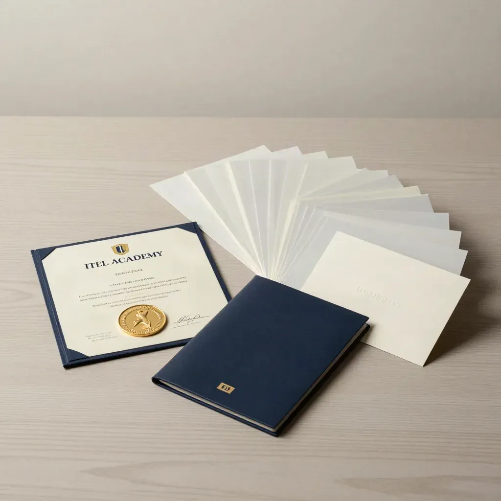 Certificate sleeve, medal, folder, and stacked work samples on pale wood with soft side light.
