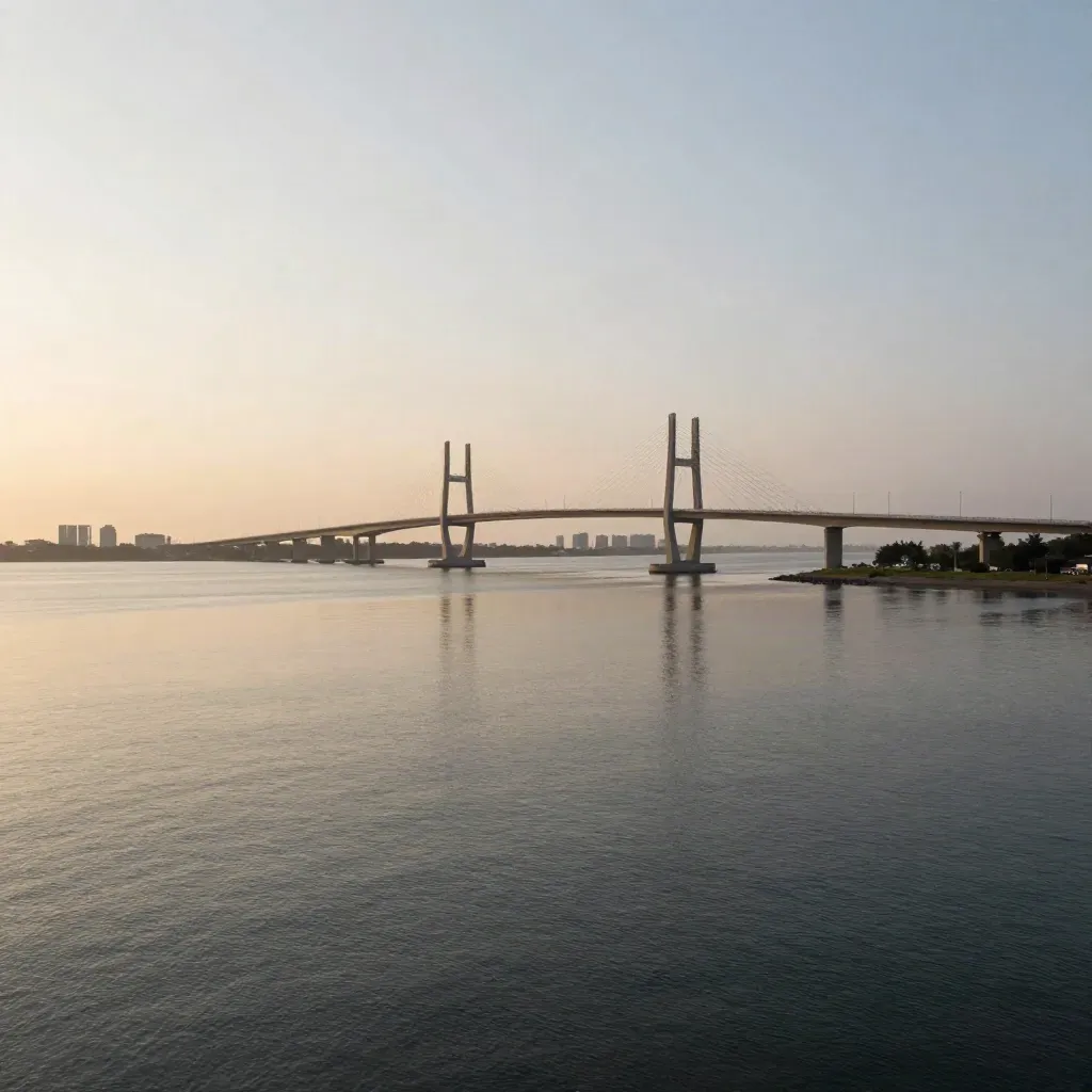 Lekki-Ikoyi Link Bridge over a calm lagoon with warm sunset haze and a quiet skyline.