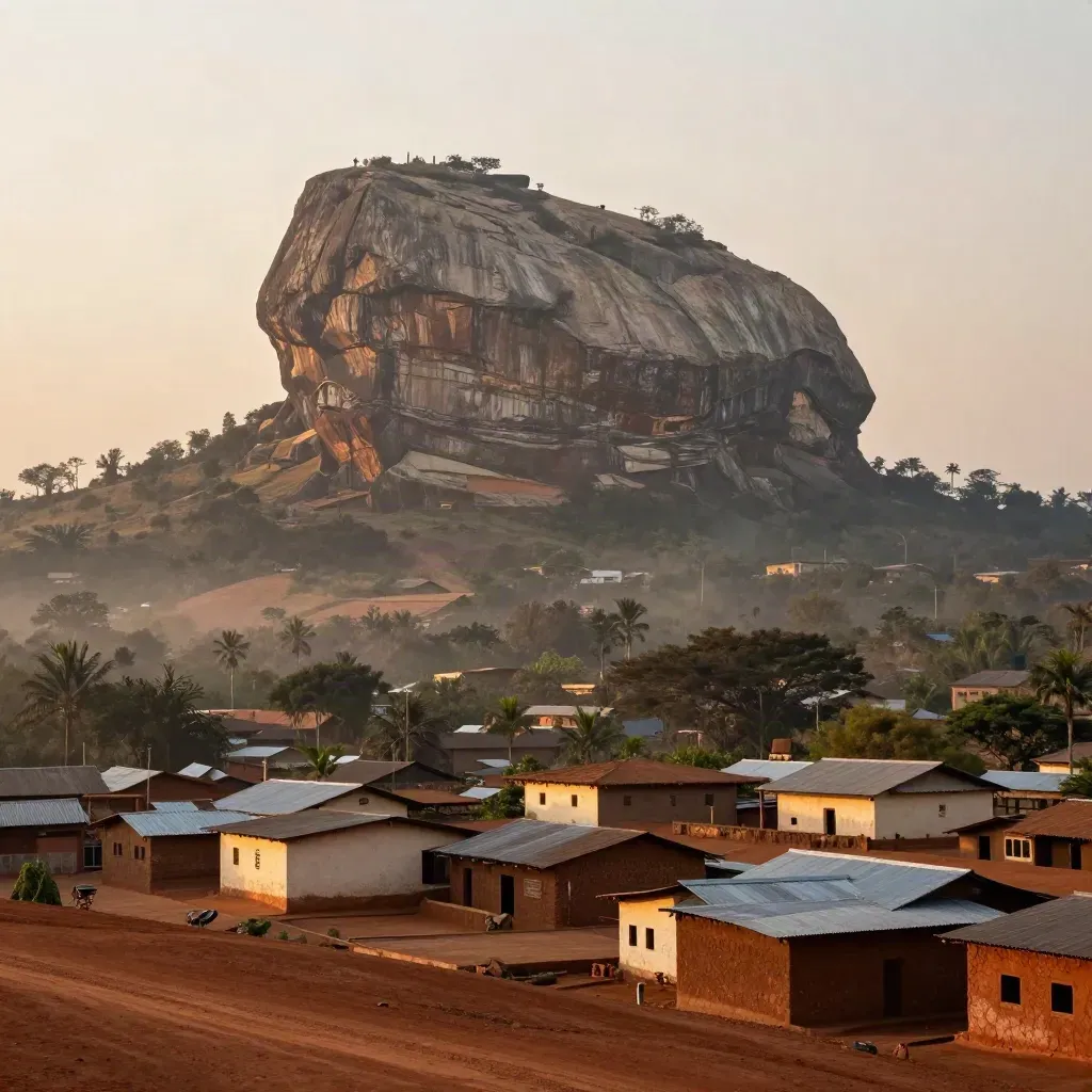 Olumo Rock above Abeokuta rooftops in warm dawn haze with red-earth foreground.