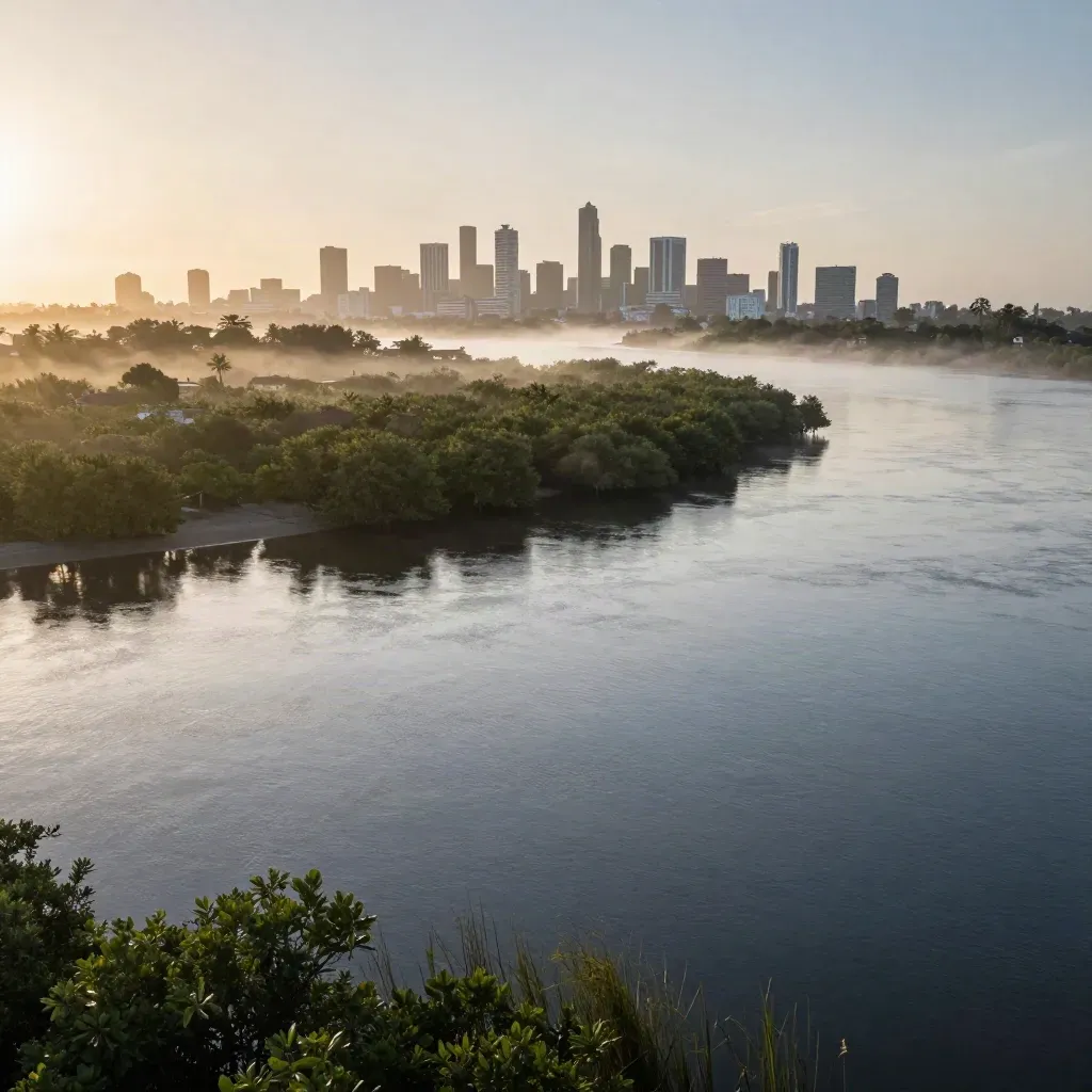 Misty sunrise over Rivers State mangroves with Port Harcourt skyline beyond.