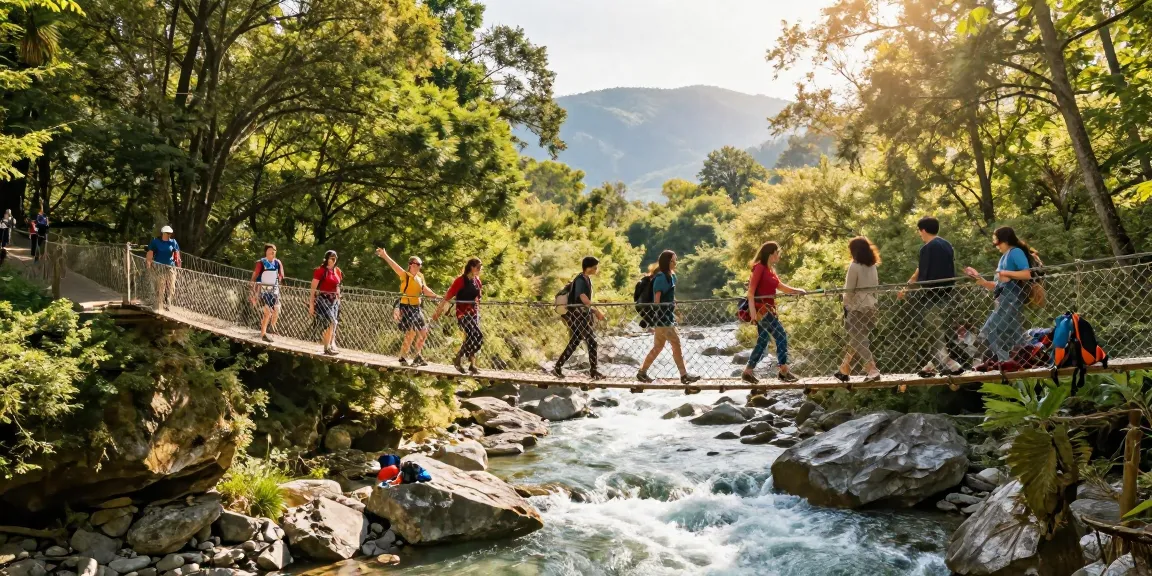 Group of hikers crossing a River Rope Bridge in a lush forest setting, capturing adventure and nature.