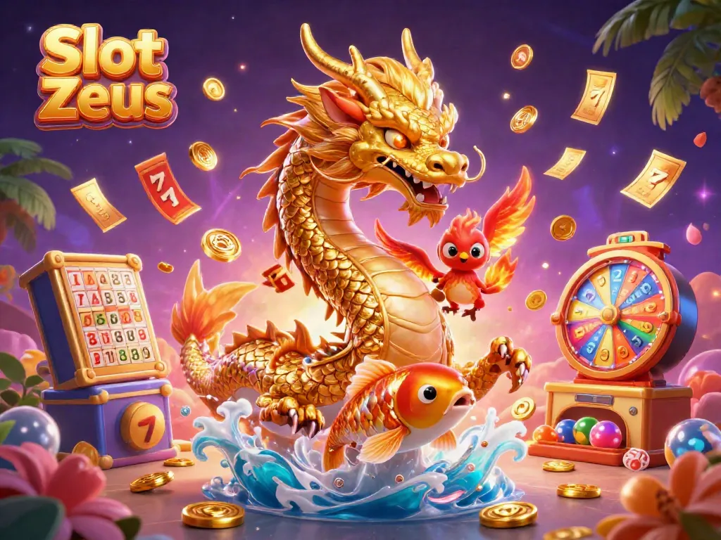 Mainkan Slot Zeus dengan keberuntungan dari naga emas dan phoenix di tengah hujan koin.