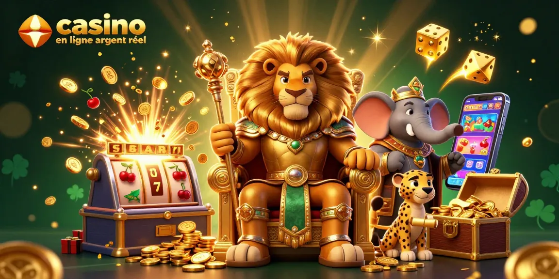 Des personnages de casino en ligne argent réel animés entourés de machines à sous, jetons et trésors.