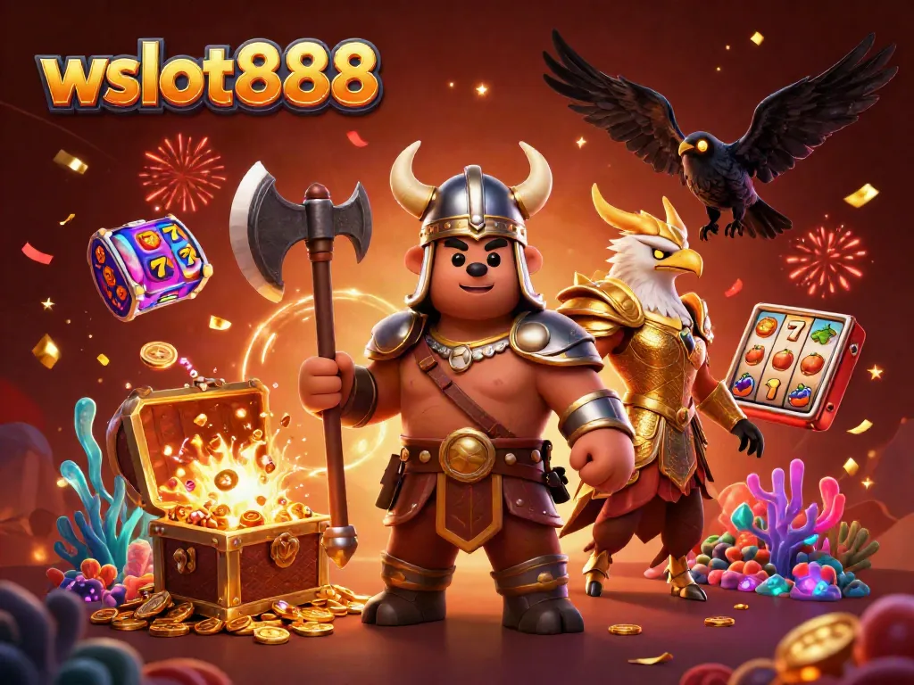 Gambarlah wslot888 yang dinamis dengan karakter beruang Viking dan burung Valhalla di dunia kasino.