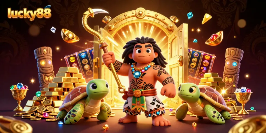 Spin for riches and adventure at lucky88 with vibrant 3D scene featuring dazzling treasures!