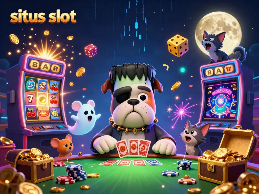 Ilustrasi 3D kasino dengan karakter monster bulldog dan kitten, menampilkan situs slot yang menarik.