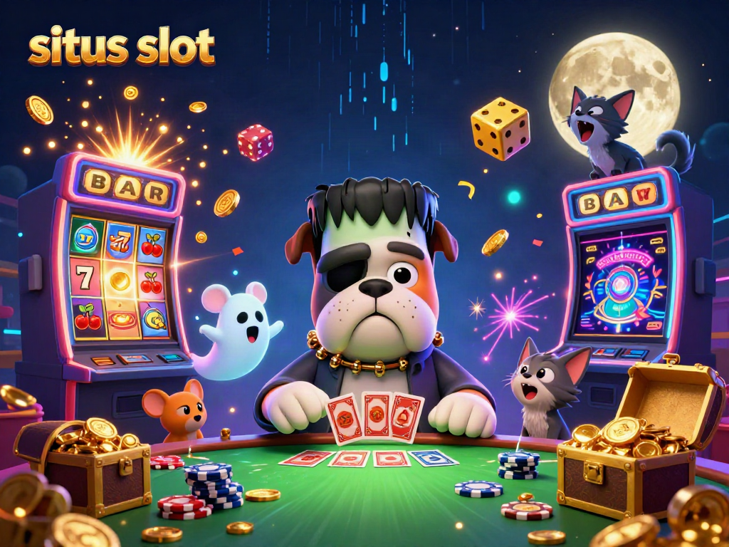 Ilustrasi 3D kasino dengan karakter monster bulldog dan kitten, menampilkan situs slot yang menarik.