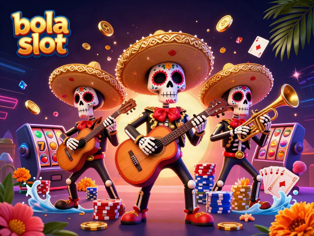 Enjoy exciting bola slot gameplay with vibrant Day of the Dead characters amidst dazzling casino elements.
