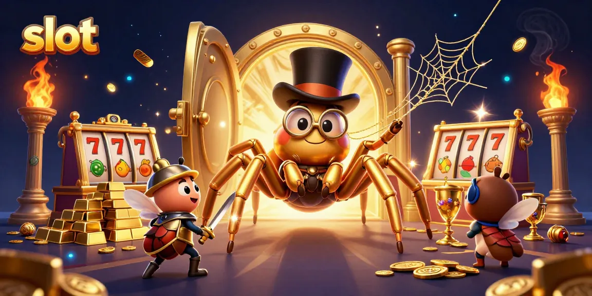 Spin the slot reels with a giant golden tarantula and a brave beetle knight in a dynamic casino scene.