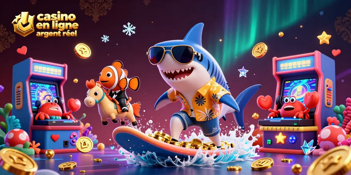 Profitez de l'expérience captivante du casino en ligne argent réel avec un requin jouant sur une vague de pièces d'or.