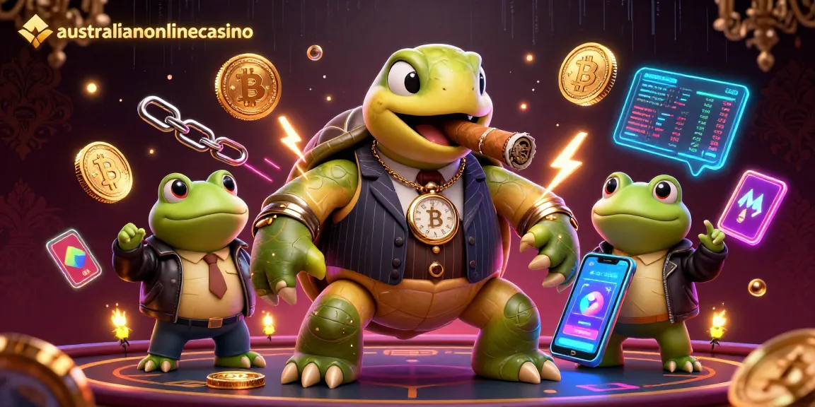 Australianonlinecasino's dynamic illustration featuring a turtle mobster and bullfrog enforcers amidst vibrant crypto elements.