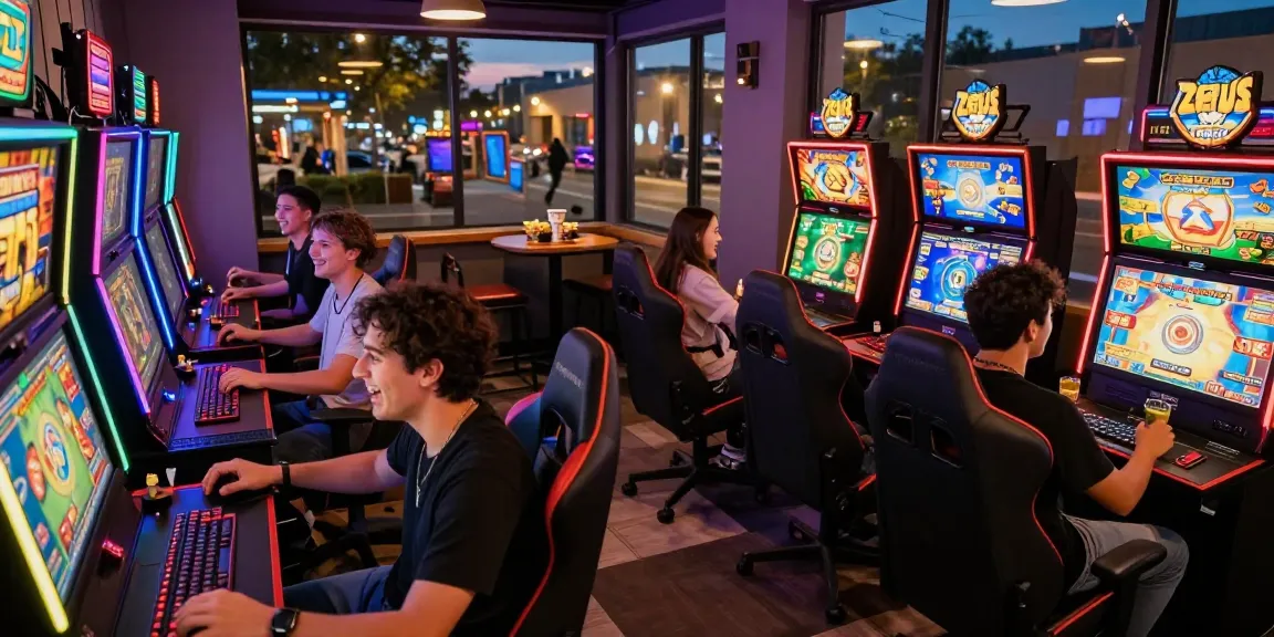 Exciting gaming lounge with players enjoying slot zeus machines, vibrant atmosphere and cheering.