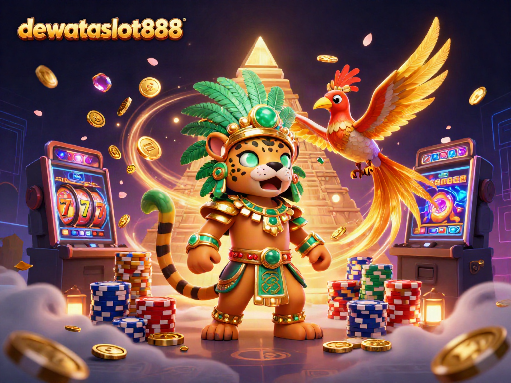 Mainkan slot dengan dewataslot888, jaguar priest dan burung quetzal dalam ilustrasi kasino yang megah