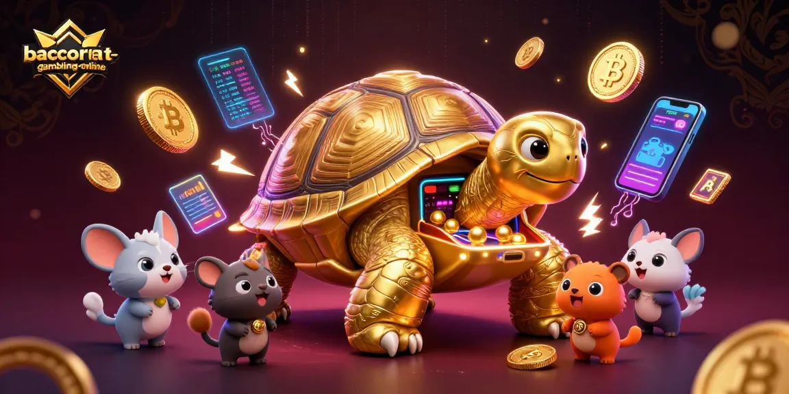 Baccarat-gambling-online showcases a dynamic casino scene with a golden tortoise machine and crypto elements.