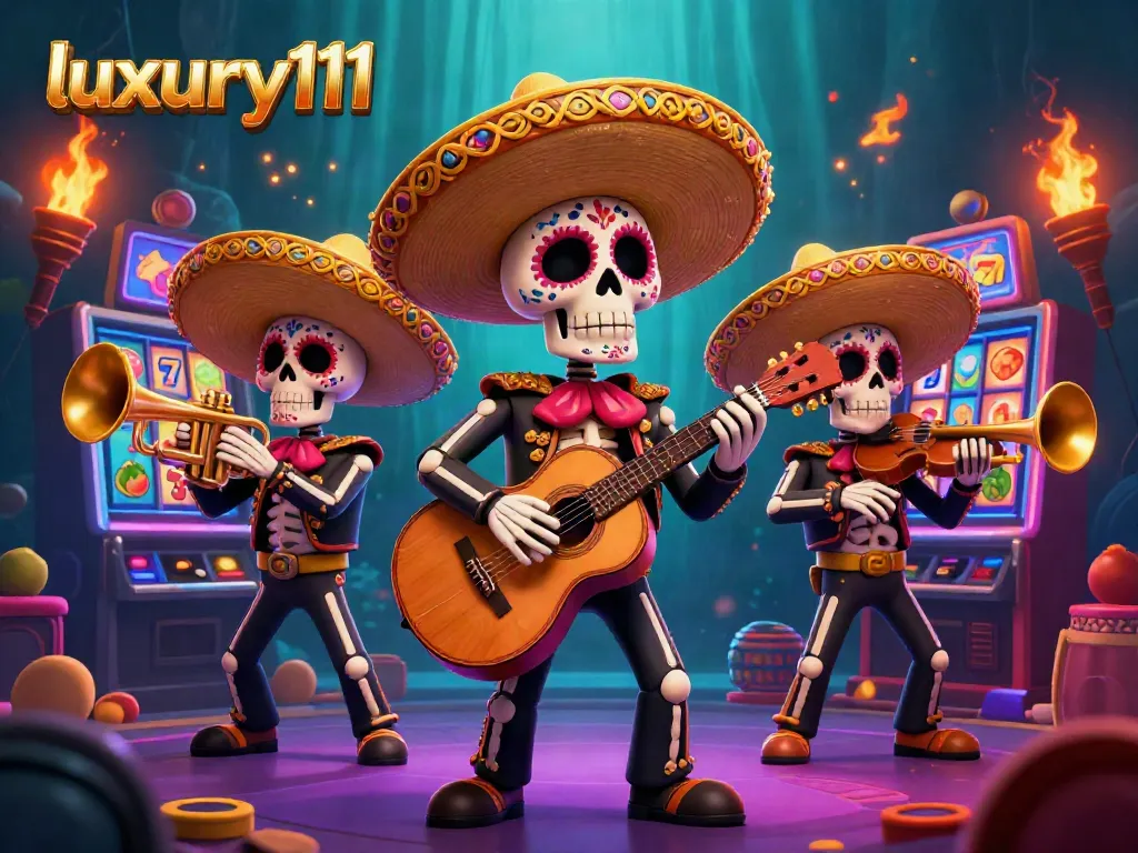 Experience vibrant casino adventures with luxury111 featuring a lively mariachi band in an exciting slot machine scene.