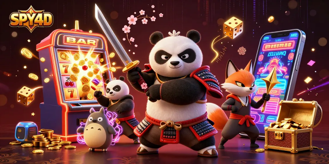 SPY4D menghadirkan keberuntungan dengan karakter samurai panda dan elemen kasino berkilauan.