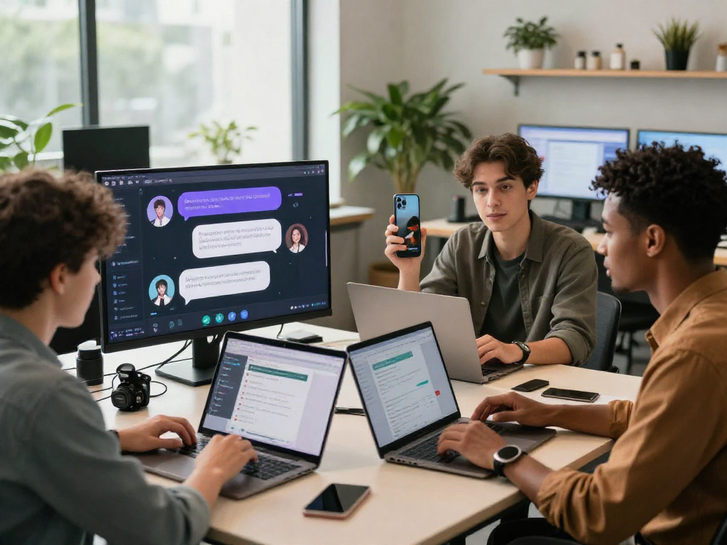 Diverse group engaging in discussions about spicy chat AI in a modern tech workspace.