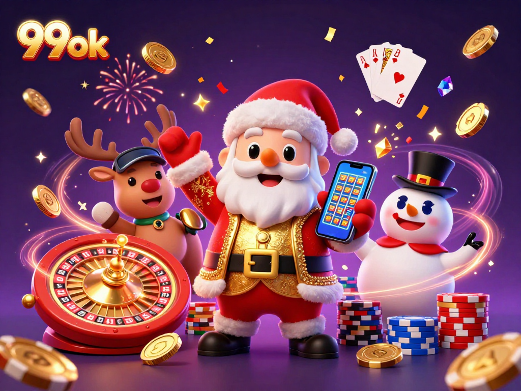 Experience the excitement with 99ok casino-themed illustration showcasing Santa and friends celebrating jackpots.