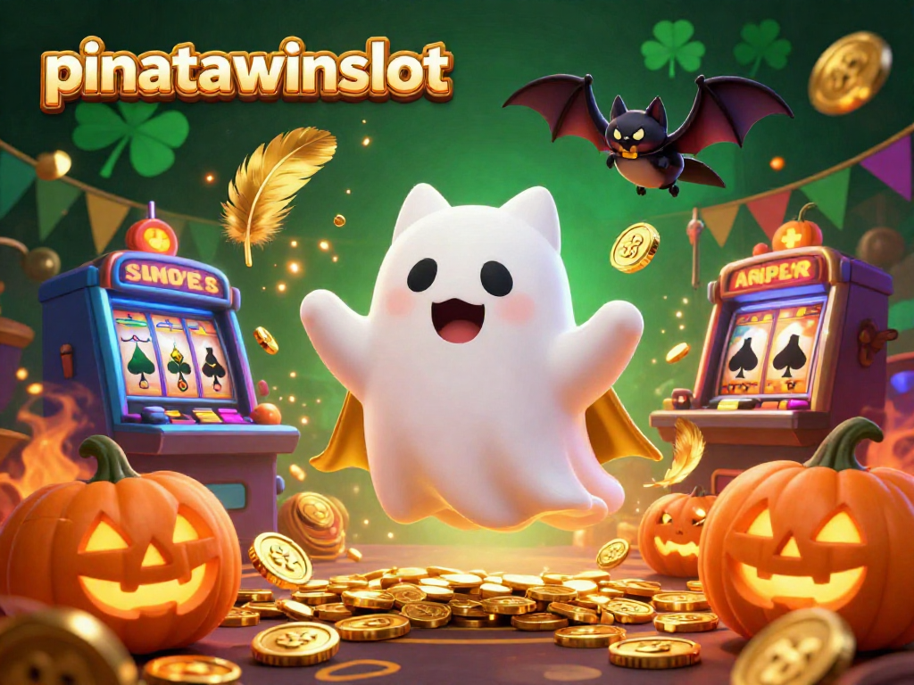 Experience the excitement of pinatawinsslot as a friendly ghost cat and vampire bat illuminate a lively casino scene with glowing jack-o-lanterns.