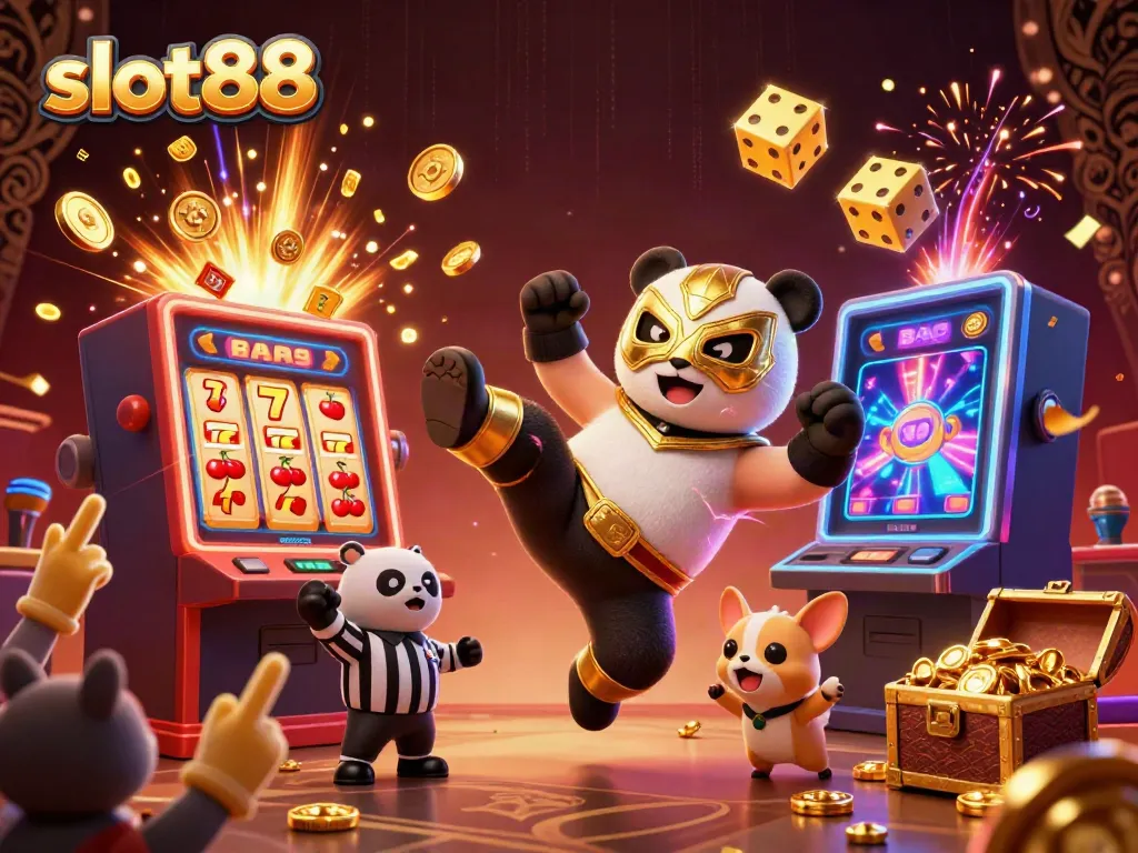 Permainan slot88 yang menarik dengan panda pegulat dan simbol jackpot yang berkilau.