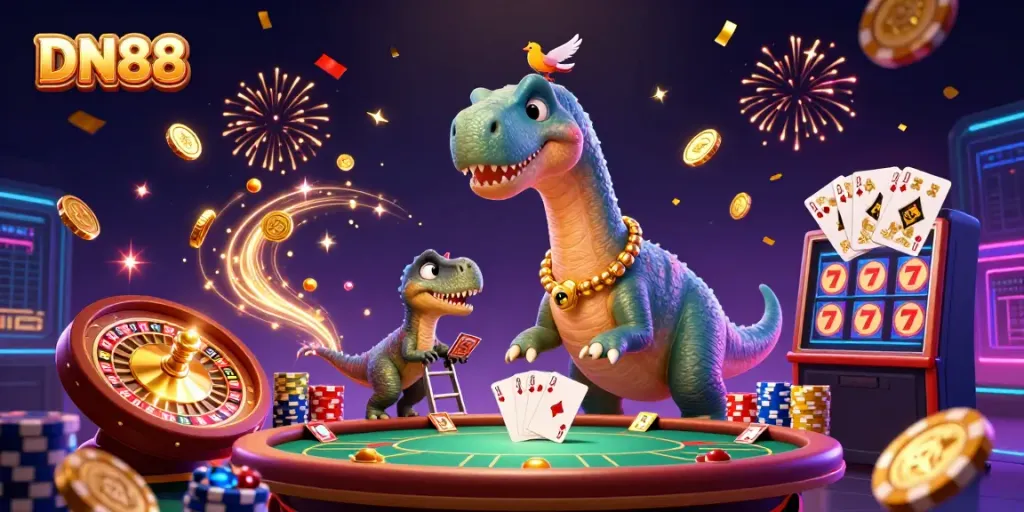 Experience the excitement of DN88 casino with a playful brontosaurus and raptor in a vibrant gaming scene.