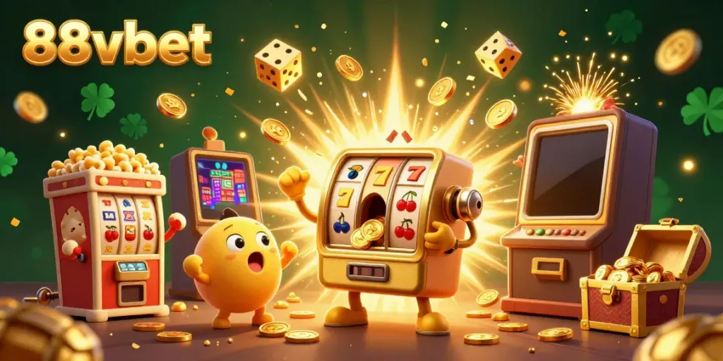 Experience the excitement of winning at 88vbet with animated slot machines celebrating jackpots amidst dynamic casino elements.