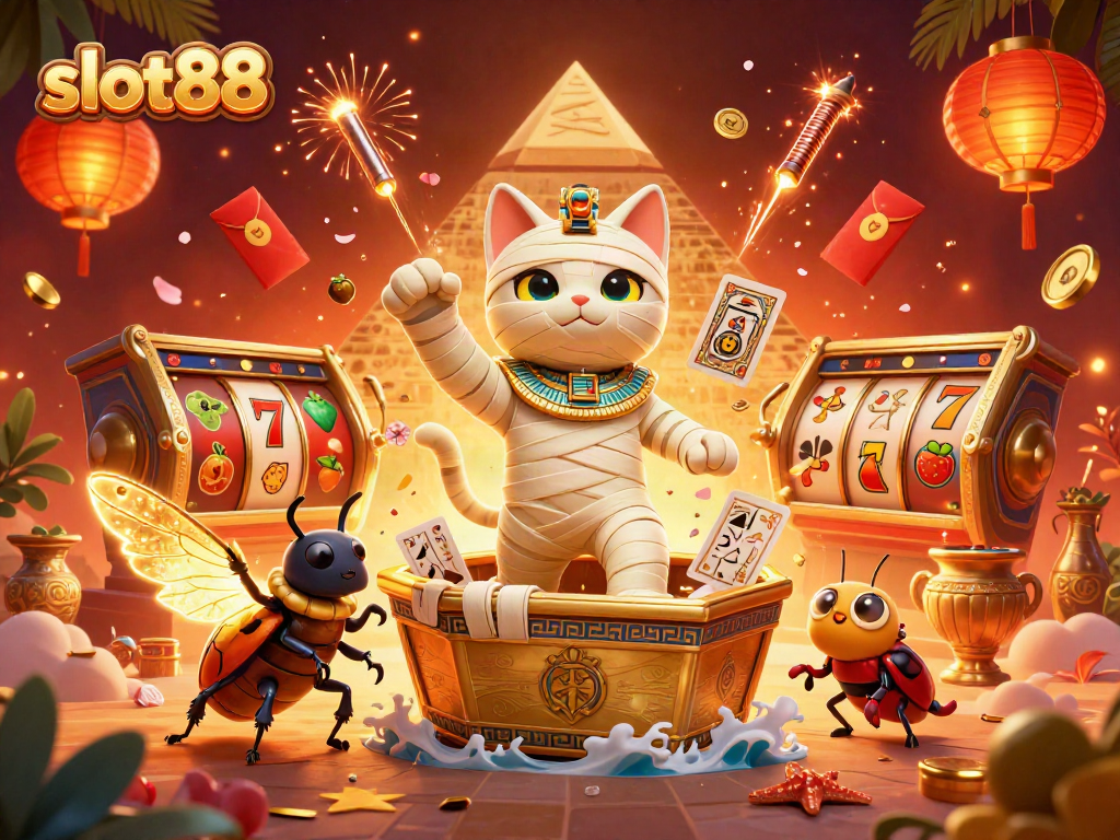 Permainan seru slot88 dengan mumi kucing 3D dan elemen kasino yang megah.