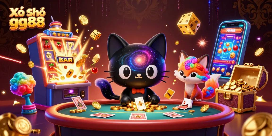 Xổ Số gg88 showcases an interactive cosmic casino scene with a black hole cat, golden chips, and vibrant gambling elements.